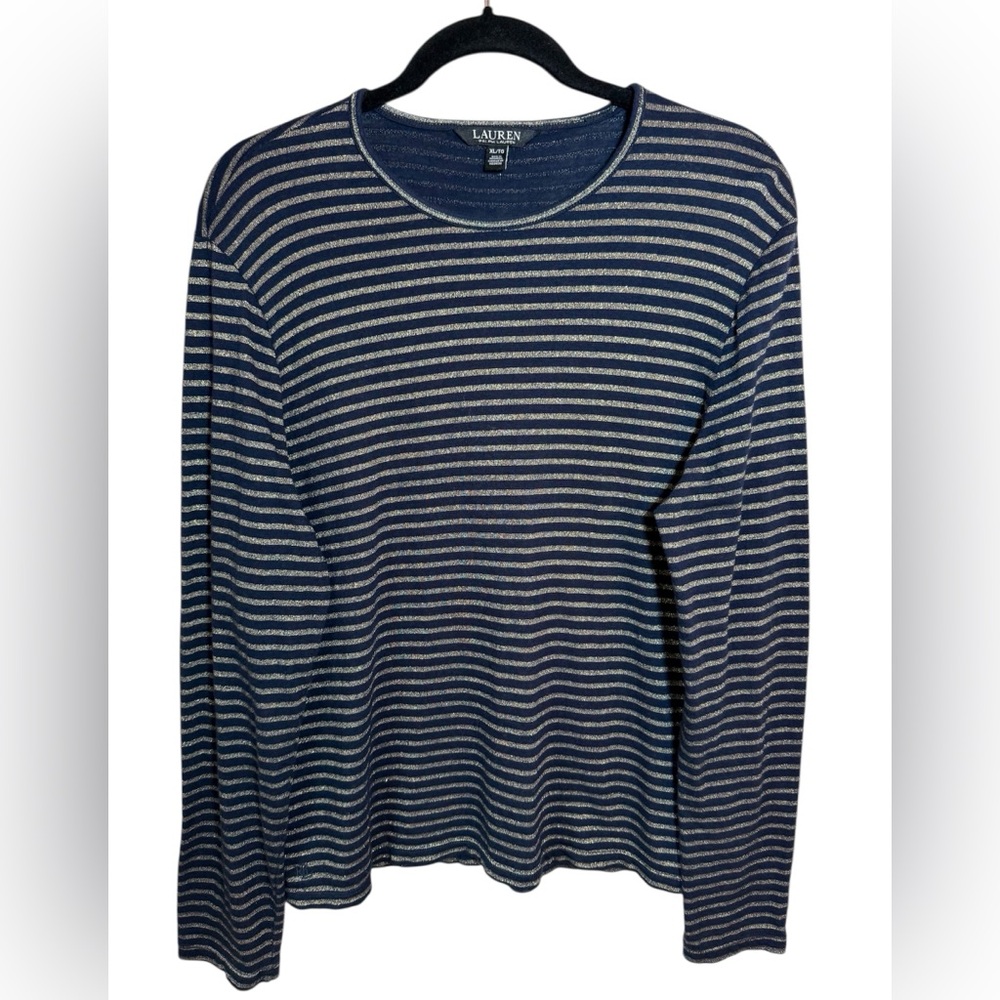 Lauren Ralph Lauren Shirt Women’s XL Navy Gold Striped Long Sleeve Black Tag